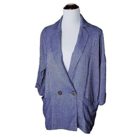 Fashion On Earth Stripe Double Button 3/4 Sleeve Navy Blue Blazer Medium - Picture 1 of 15